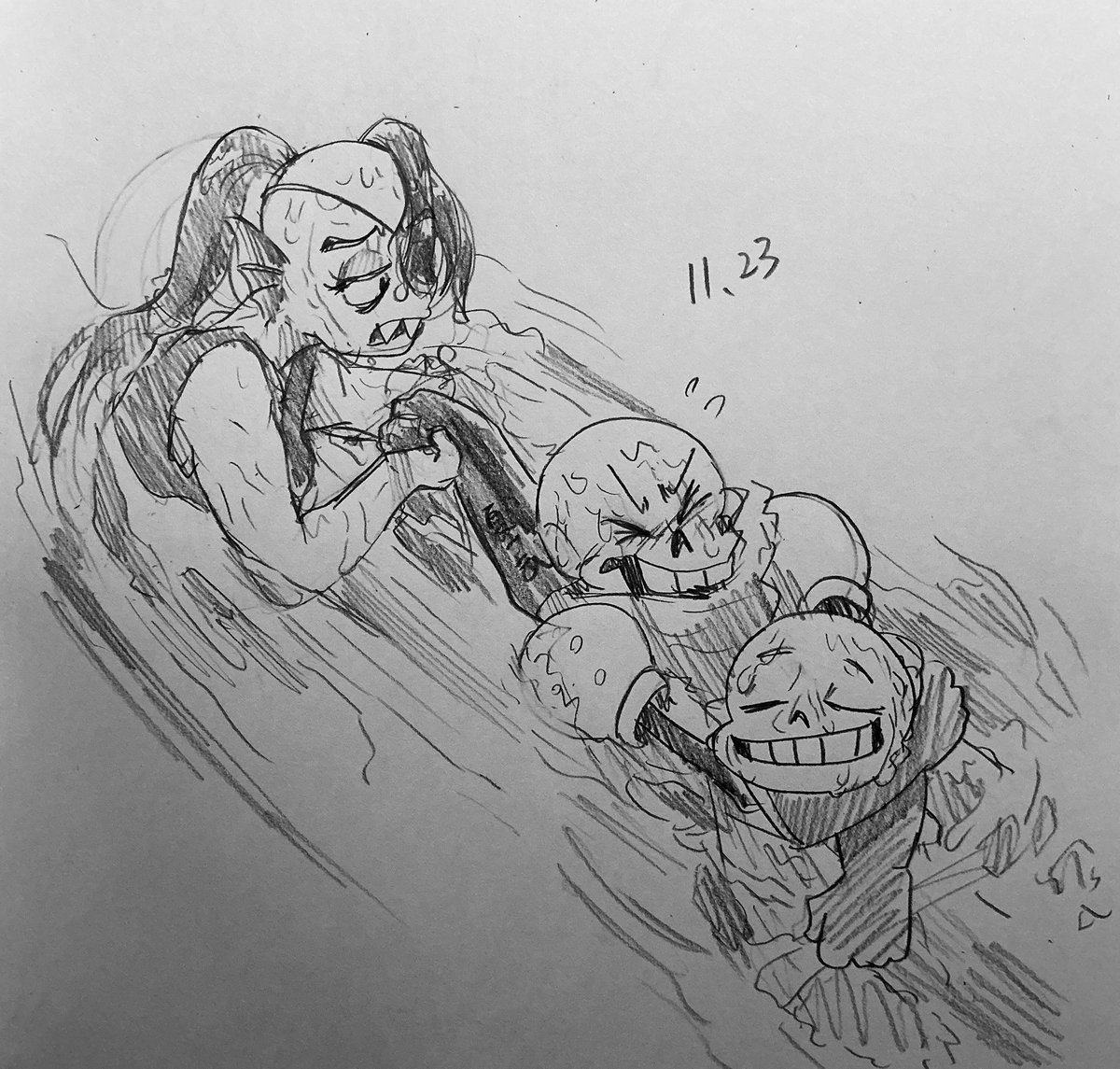#11月は毎日アンダイン
11月23日

結局遅刻ちこーく!

水に落ちたズを助けようと飛び込むパピ諸共助けるアンダイン
(骨は泳げないのに何川で遊んでんだ?みたいなツッコミ入れつつ)

て構図をいつか描きたいと思いつつ出来なかったのでここで消化 