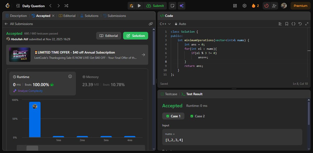 abdullahatif07's tweet image. Solved Today's POTD Of Leetcode 
 
Find Minimum Operations to Make All Elements Divisible by Three 

#LeetCode #leetcodeproblems #potd #atif