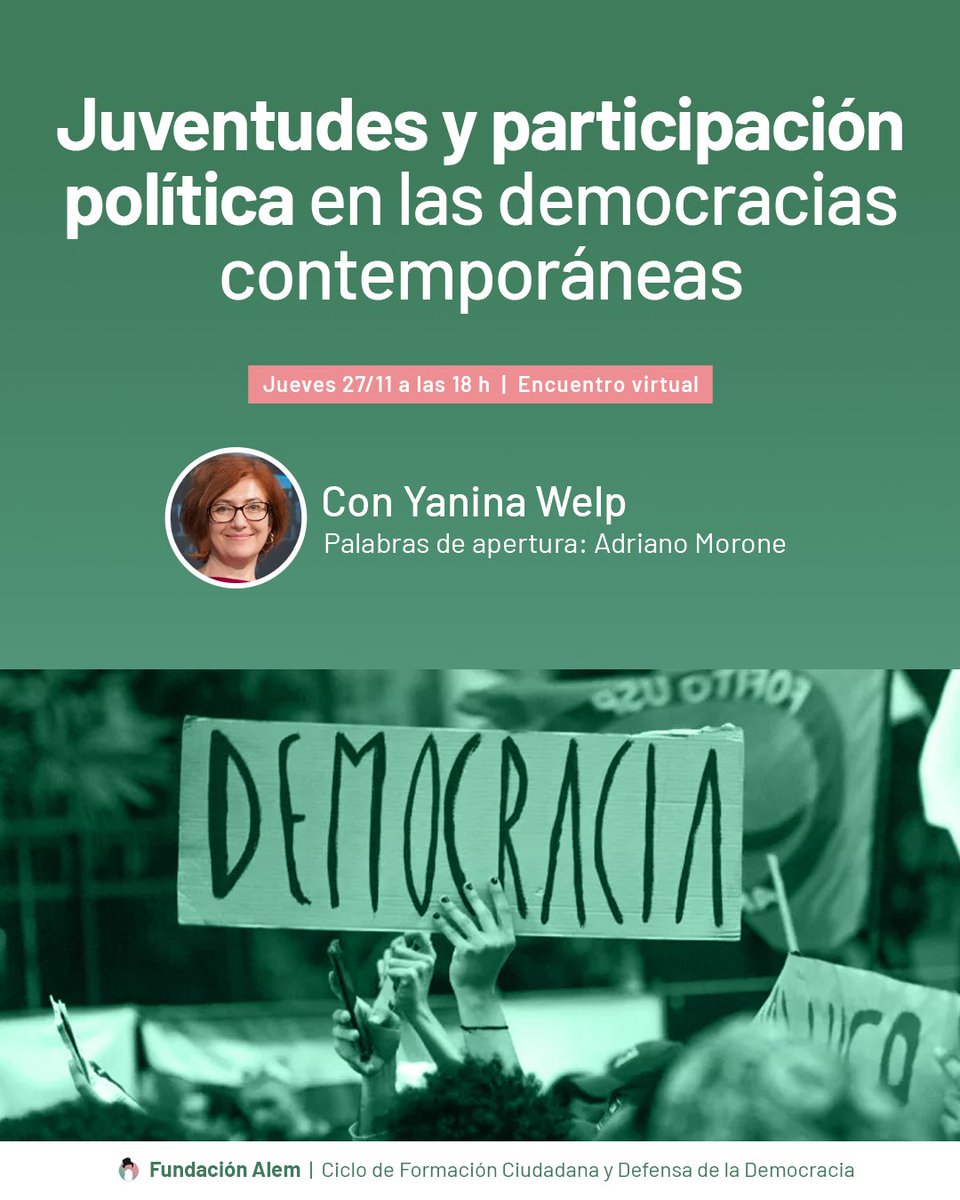 🗳️ ¿Cómo se involucran hoy las juventudes en la vida política? ¿Qué nuevos canales y formas de participación emergen en las democracias del siglo XXI?

🎙️ Con Yanina Yelp (<a href="/Welpita/">Yanina Welp</a>) y apertura de <a href="/AdrianoMorone/">Adriano Morone</a> 
🗓️ 27/11 - 18 h
💻 ZOOM

Inscripción: forms.gle/wPbAQ5hNmuu4AQ…