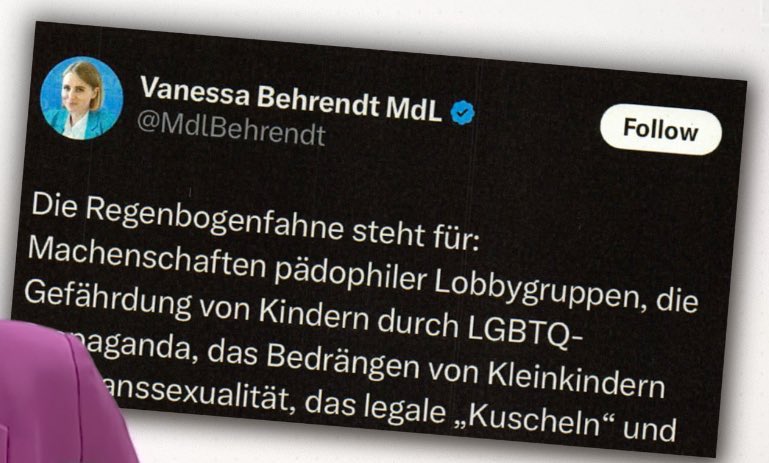 <a href="/Daniela_Seidel_/">Daniela Seidel</a> <a href="/SHomburg/">Stefan Homburg</a> <a href="/MdlBehrendt/">Vanessa Behrendt MdL</a> Wenn Frau Behrendt ihre Kritik an dem/der Täter*in geübt hätte, wäre es doch okay. Es wurde jedoch jeder der sich der LGBTQ-Szene zugehörig fühlt und eine Regenbogenflagge besitzt pauschal als Pedophil bezeichnet. Dafür wird der Rechtsweg geprüft.