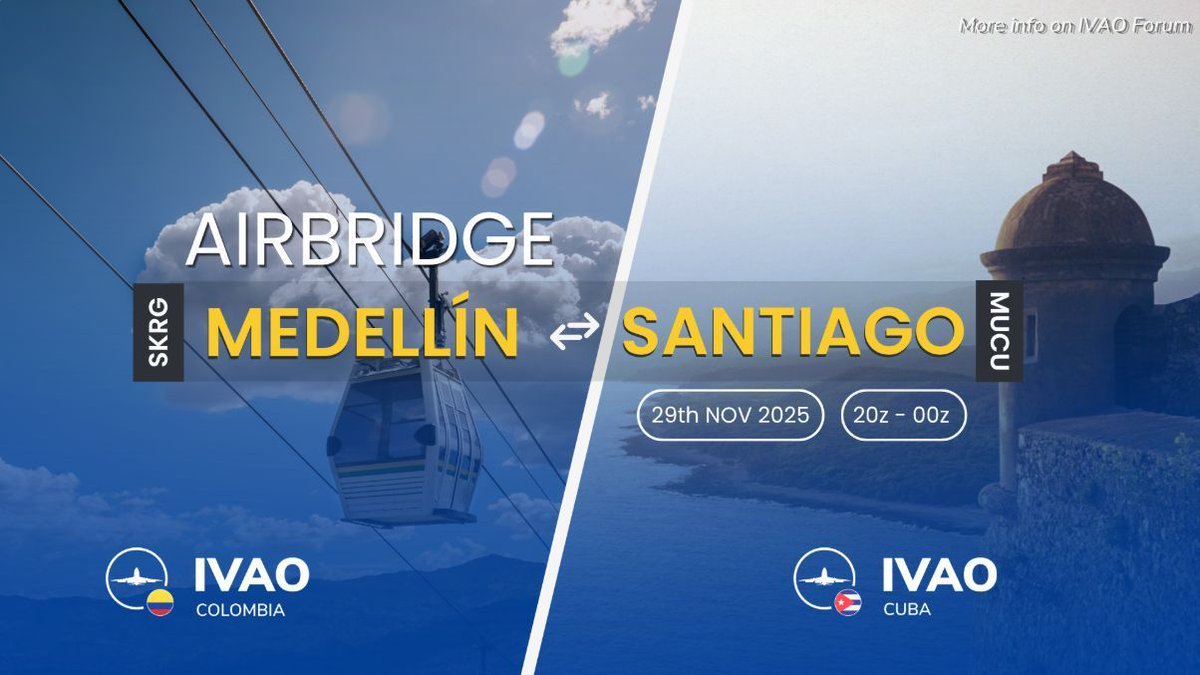 ivaocu's tweet photo. 🌉 Airbridge SKRG–MUCU 🇨🇴✈️🇨🇺
29 NOV • 20:00z–00:00z

Pilotos: IFR entre SKRG ⇄ MUCU, incluye RMK/AIRBRIDGE SKRG-MUCU.
ATC: reserva tu posición 🇨🇴 https://t.co/gIJvWTT9GN 🇨🇺 https://t.co/FRHiHGJbtS

#IVAO ✈️ https://t.co/czxDDJ0bLO