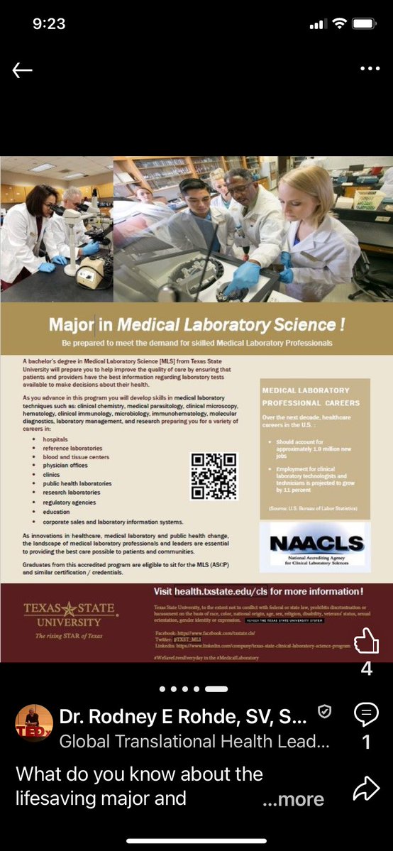 TXST_MLS's tweet image. What do you know about the lifesaving major and profession of the #MedicalLaboratory?

Join our faculty and students TODAY - Sat -Nov 22 - at our Texas State University Medical Laboratory Science Program table in the LBJSC at @txst 

Learn all about our major and minor!
