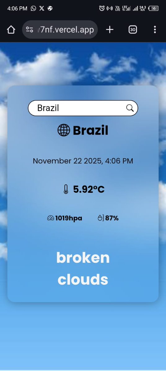 Code__Saint's tweet image. Just built a clean &amp;amp; fast Weather App using React! 🌦️
Realtime temperature, humidity, pressure — simple UI, quick updates.

pls check it out 🔗 weather-app-w7nf.vercel.app

Feedback is welcome! 🚀

#reactdevelopers #WebDevelopment