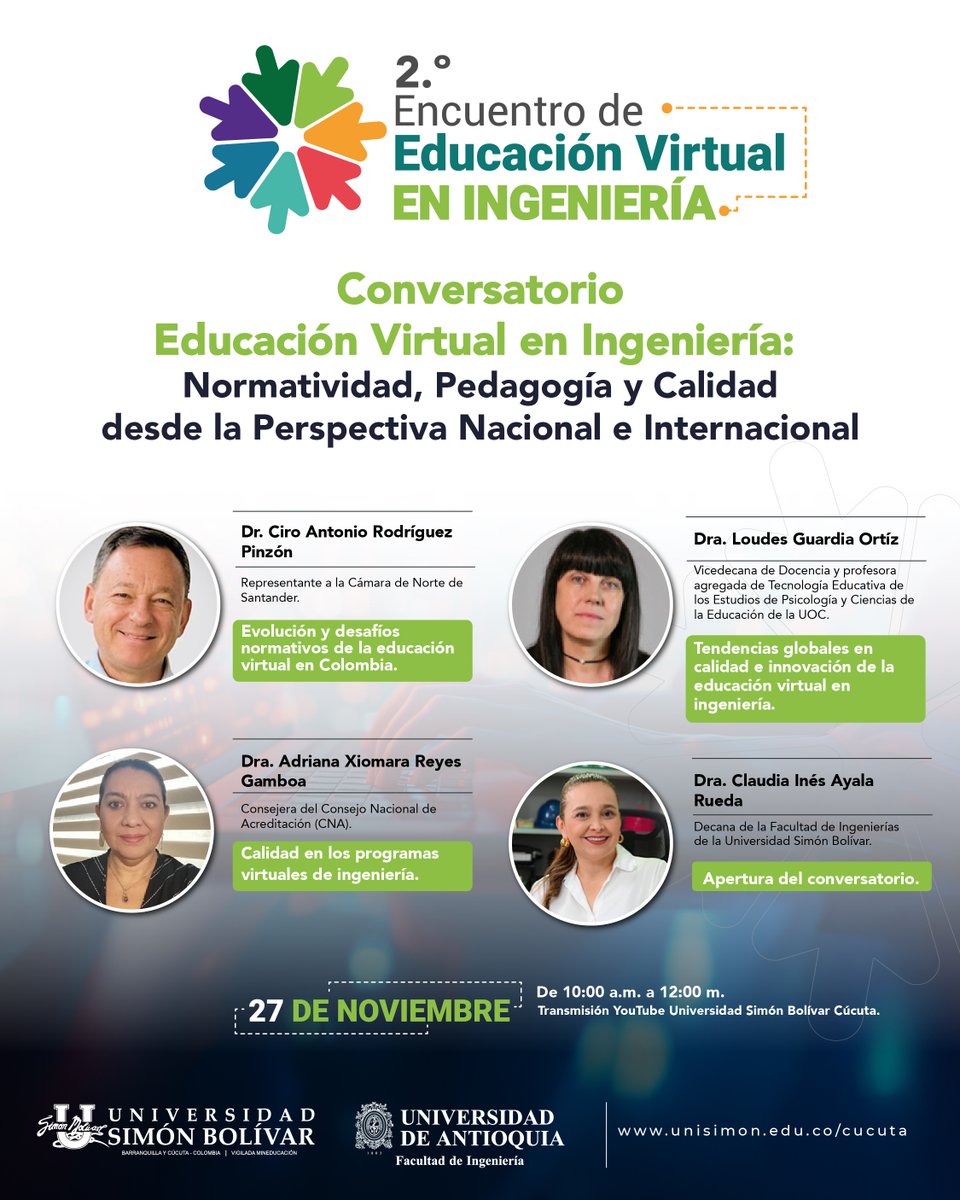unisimoncucut's tweet image. 🌐✨ ¡Llega el 𝟮.º 𝗘𝗻𝗰𝘂𝗲𝗻𝘁𝗿𝗼 de Educación Virtual en Ingeniería! Un espacio académico que reúne voces nacionales e internacionales para reflexionar sobre los retos, avances y tendencias que están transformando la educación virtual en el campo de la ingeniería. 🚀🚀📚