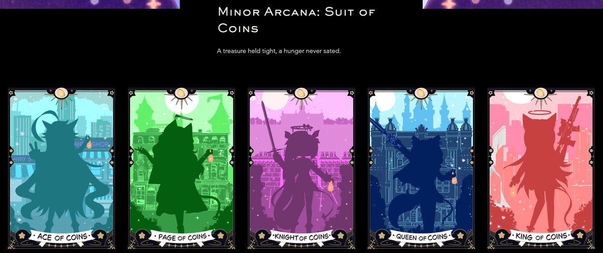Minor Arcana: Suit of Coins

‘A treasure held tight, a hunger never sated.’

#TheSanctuaryTarotProject

🎨<a href="/hakaikyou1/">BOOMBOOMBAT</a>

OCs by @/CelesteJumi @/xJustAsh @/Sonnet @/babyarctic @/catscratchstray