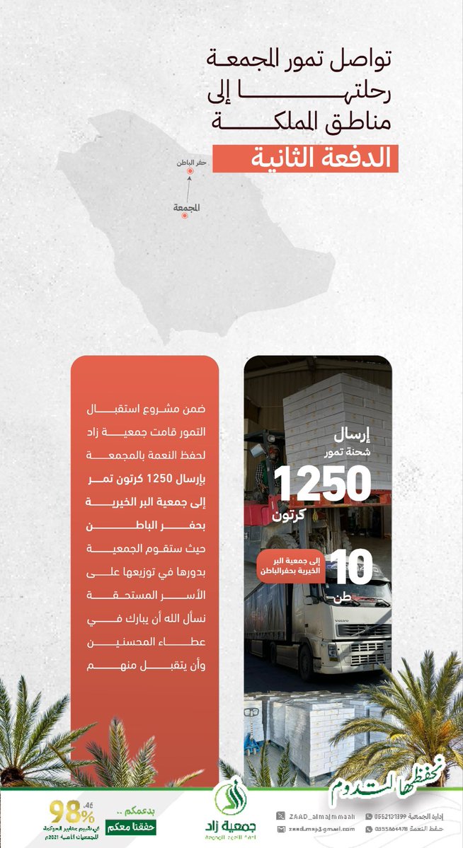 من أرض المجمعة.. 
تمتد رحلة التمور نحو العطاء🌴

إرسال 1250 كرتون في الدفعة الثانية من #مشروع_استقبال_التمور إلى جمعية البر الخيرية بحفر الباطن، لتصل بإذن الله إلى الأسر المستحقة. 

نسأل الله أن يبارك في عطاء المحسنين🤍

#جمعية_زاد_لحفظ_النعمة_بالمجمعة

<a href="/birhafer/">جمعية البر الخيرية بحفر الباطن</a>