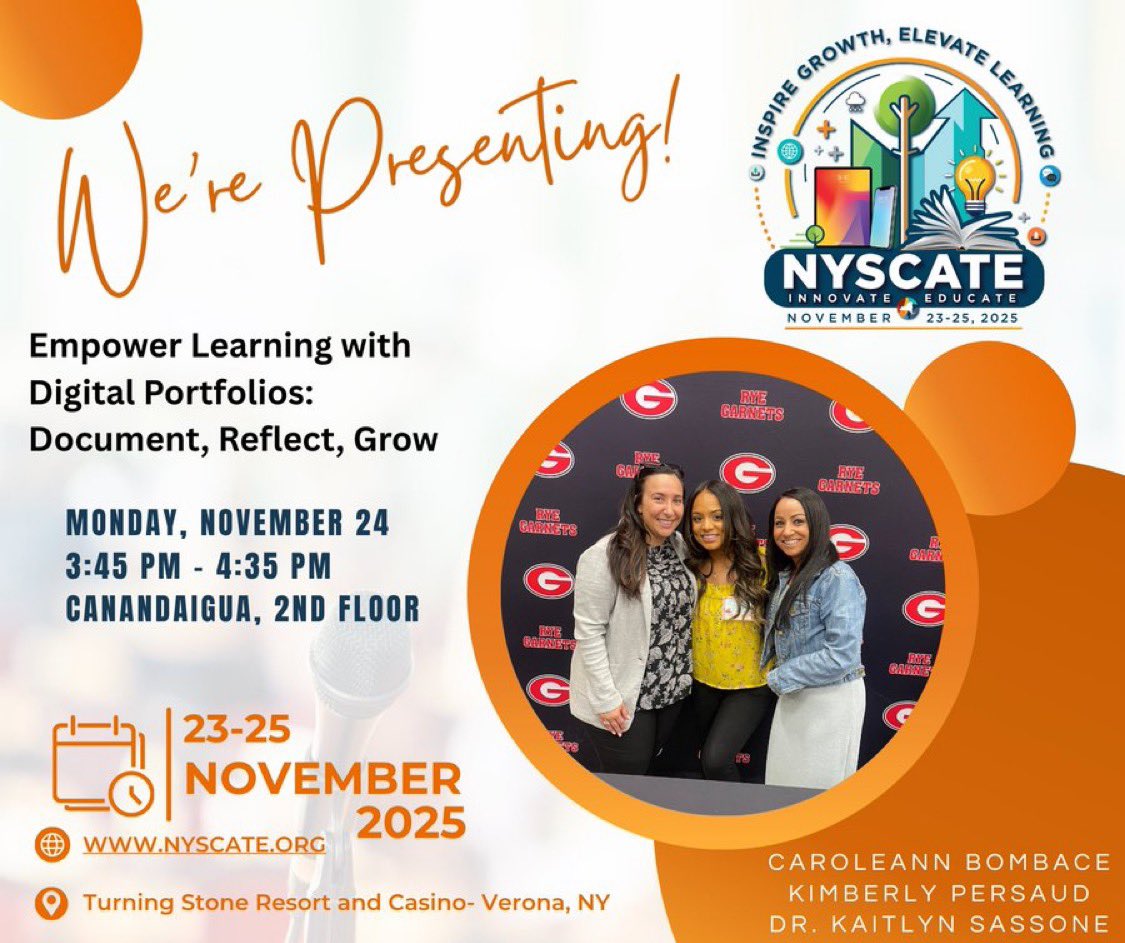 Excited to head to #NYSCATE25 and share our session:
Empower Learning with Digital Portfolios: Document, Reflect, Grow

📅 Mon 11/24 | 3:45–4:35 PM
📍 Canandaigua, 2nd Floor

Let’s talk reflection, ownership &amp; meaningful learning journeys.

<a href="/sassonek/">Dr. Kaitlyn Sassone</a> <a href="/_kimberly_p/">Kimberly Persaud</a>