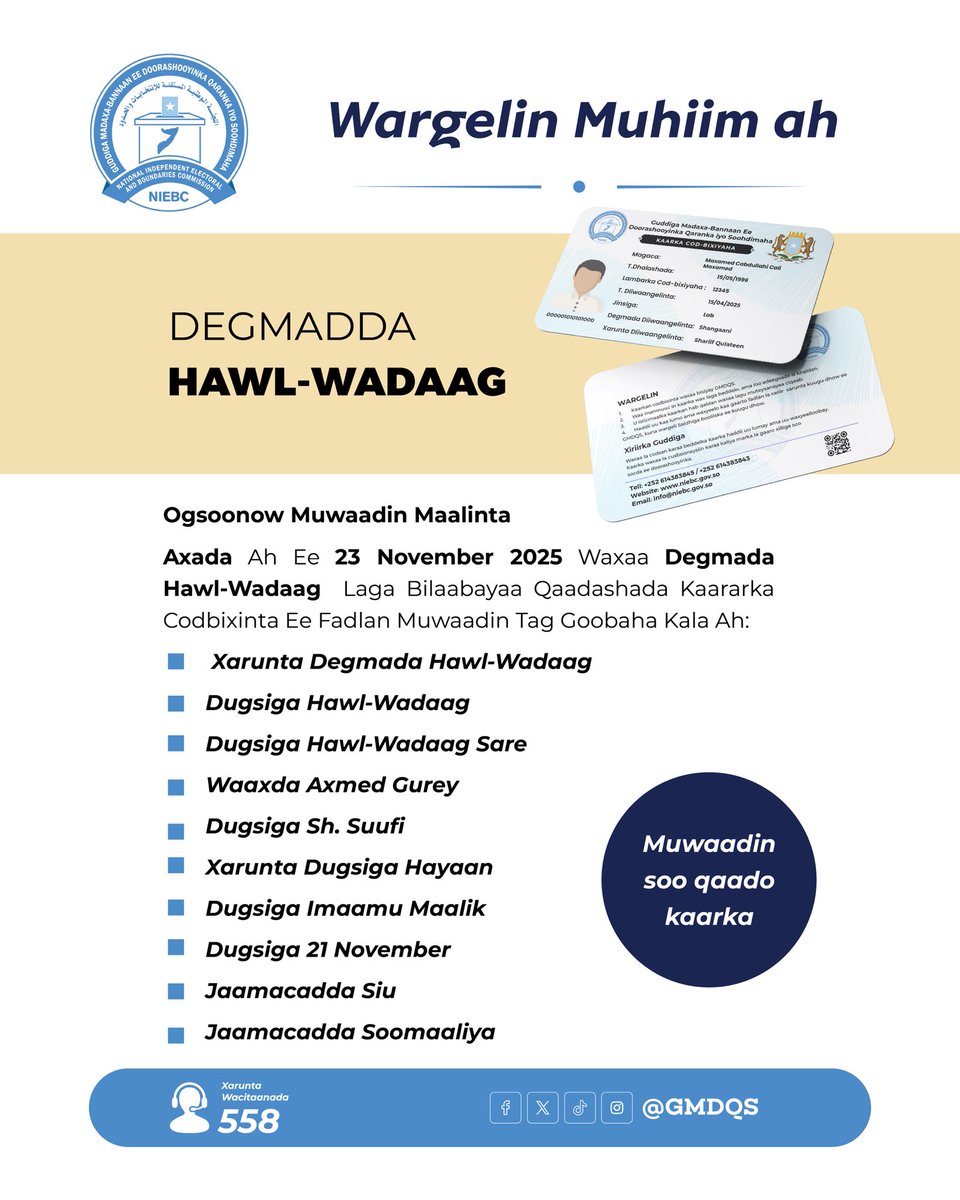 NIEBCSomalia's tweet image. Maalinta Axadda ee berri ah ee 22-ka Nofeembar 2025, waxaa degmada Howl-Wadaag laga bilaabi doonaa bixinta kaararka codbixinta.

Muwaadin, haddii aad iska diiwaangelisay, Howl-Wadaag,kaarkaaga doono, si aad codkaaga u dhiibato maalinta doorashada.