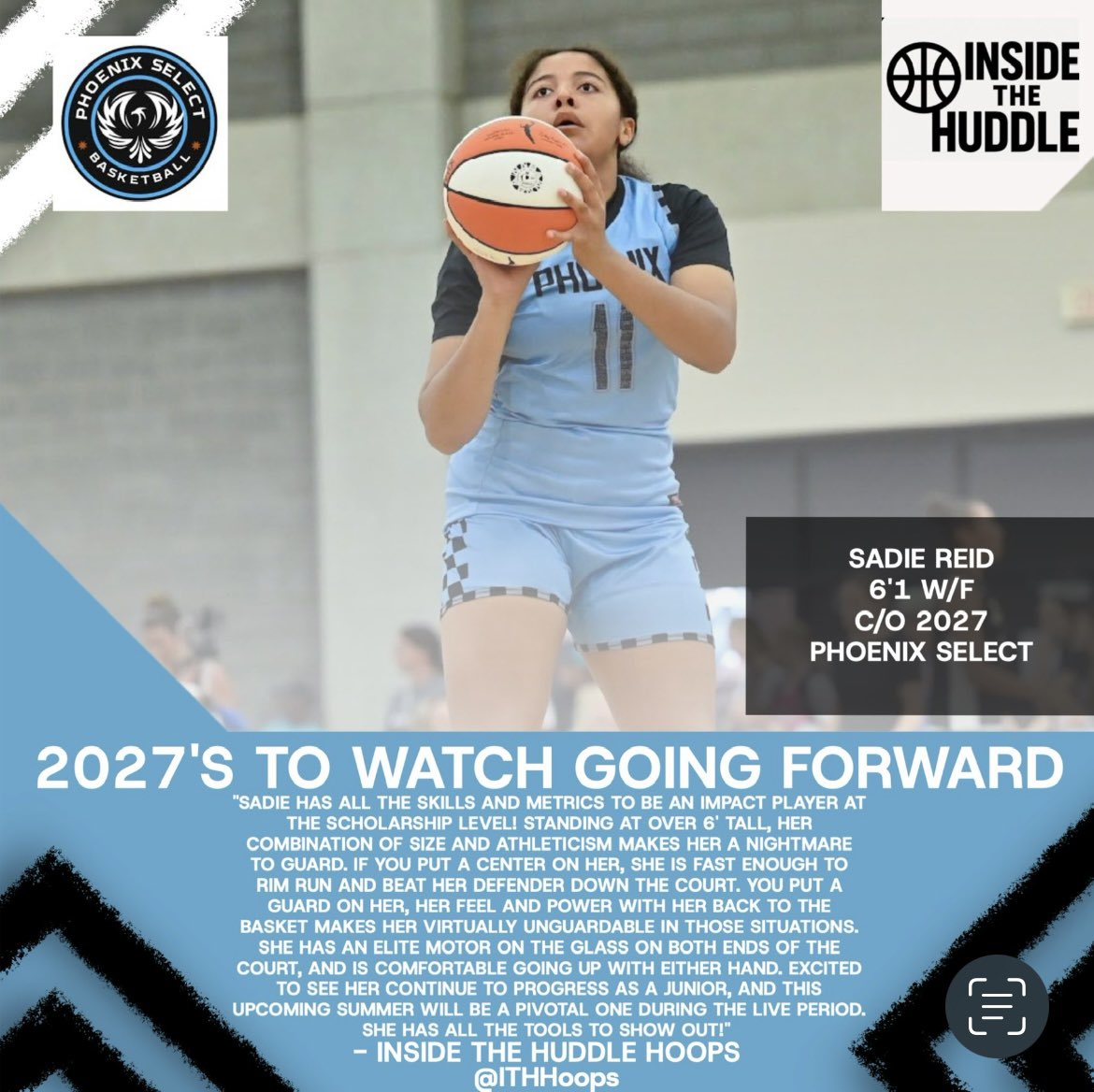 6’1” 2027 <a href="/SadieReid0402/">Sadie Reid</a> writeup &amp; graphic by <a href="/ITHHoops/">InsideTheHuddleHoops</a> 
Sadie has progressed from averaging less than 1 point per game last year on varsity to a double double in points &amp; rebounds this year for 6A RR McNeil🔥