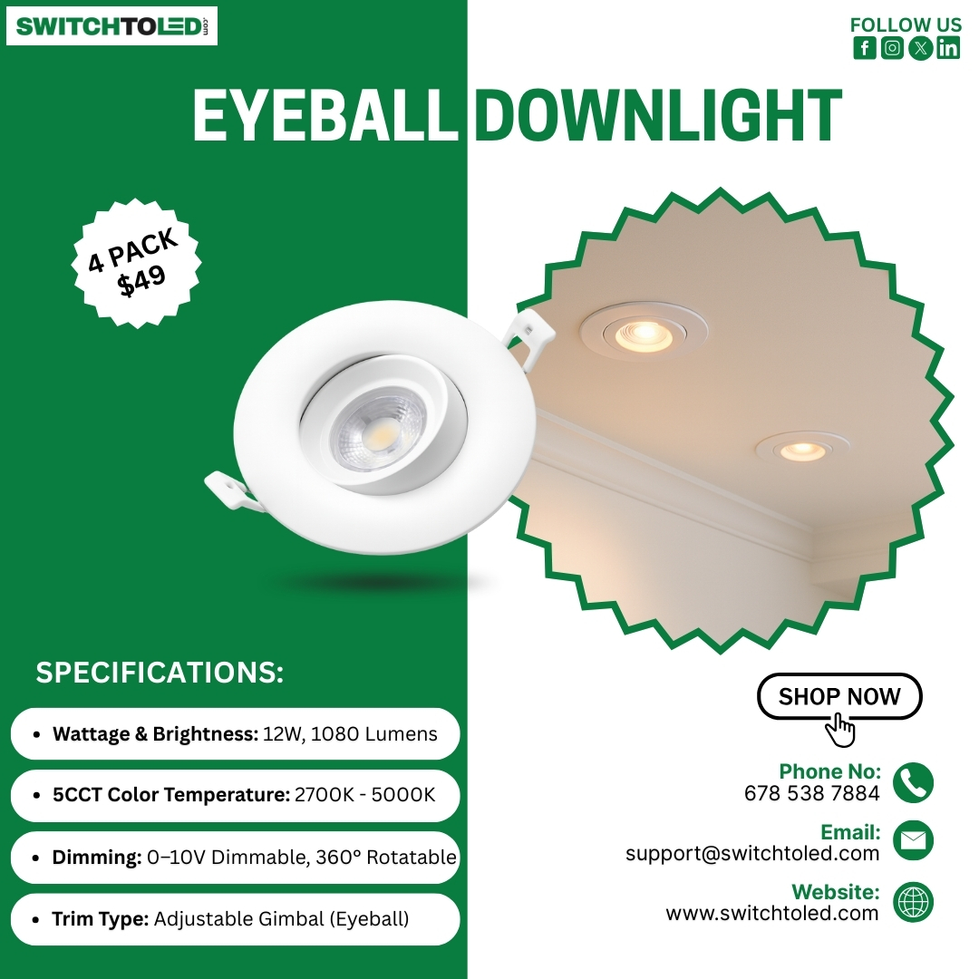 switchto_led's tweet image. Eyeball Downlight – 4 Pack for $49!
Upgrade your lighting with our 12W, 1080lm adjustable gimbal LED downlights. 5CCT (2700K–5000K), 360° rotatable &amp;amp; dimmable!
Shop now → switchtoled.com
#LED #Downlight #Lighting #HomeImprovement #LEDLighting #InteriorDesign #TechDeals