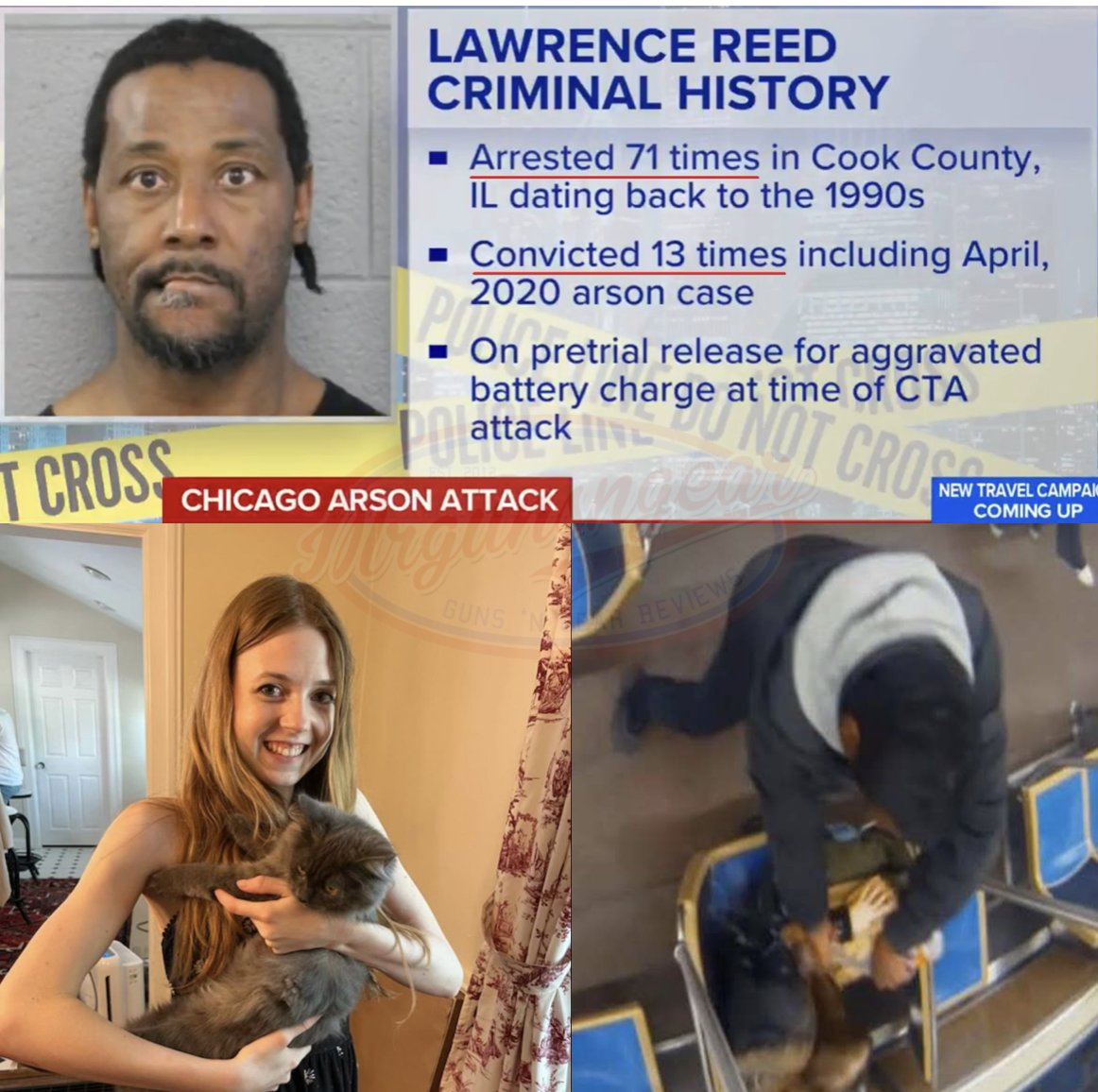 Mrgunsngear's tweet image. The woman who was set on fire aboard Chicago public transportation earlier this week by career felon Lawrence Reed has been identified as 26 year old Bethany MaGee.

She has severe burns over 60% of her body and is currently hospitalized due to her injuries.

Mr. Reed has been…