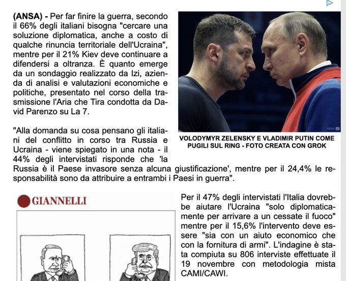 #Ucraina #Zelensky #Kiev #Russia 

Solo il 15,6 % di italiani è a favore di un intervento in Ucraina "sia con aiuto economico che con fornitura di armi".
Davvero il <a href="/pdnetwork/">Partito Democratico 🇮🇹 🇪🇺</a> di <a href="/ellyesse/">Elly Schlein</a> non ha ancora capito che dare credito a <a href="/pinapic/">Pina Picierno</a> o a <a href="/CarloCalenda/">Carlo Calenda</a> significa suicidarsi ?