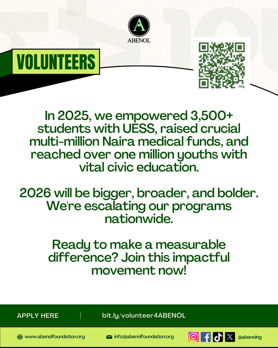 Join the ABENOL Team for 2026!!

We are actively recruiting passionate, skilled volunteers to join our growing national projects.

If you are ready to apply your talents to create measurable social impact and change lives forever, we need you.

bit.ly/volunteer4ABEN…

#ABENOL