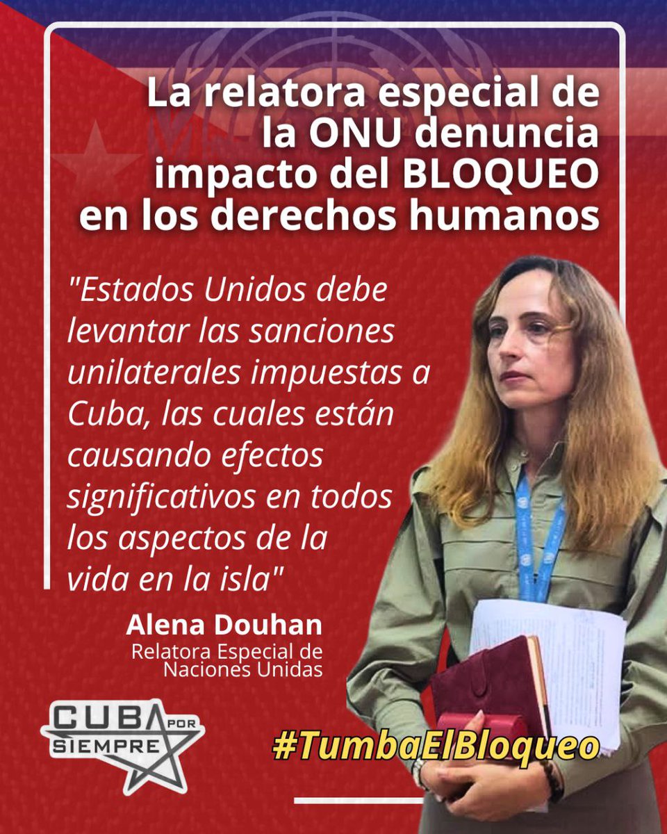 Concluyó,:
El embargo de EE.UU. no solo lo mantiene sino que lo intensifica. Douhan llamó a todos los Estados a respetar y priorizar las preocupaciones humanitarias reafirmando el rechazo global al bloqueo económico contra 
#Cuba .

#TumbaElBloqueo
<a href="/DeZurdaTeam_/">DeZurdaTeam 📳</a>
#DeZurdaTeam_🤝🐲