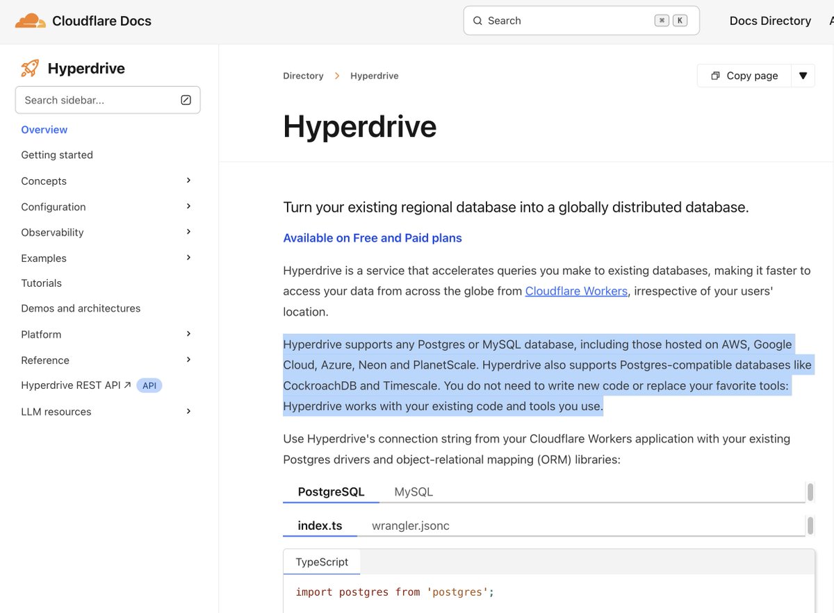 charlestehio's tweet image. What if you could supercharge your MySQL or PostgreSQL database with Cloudflare?

Today I discovered Cloudflare Hyperdrive, a service that is capable of caching query for your Cloudflare Worker projects

This is so underrated!