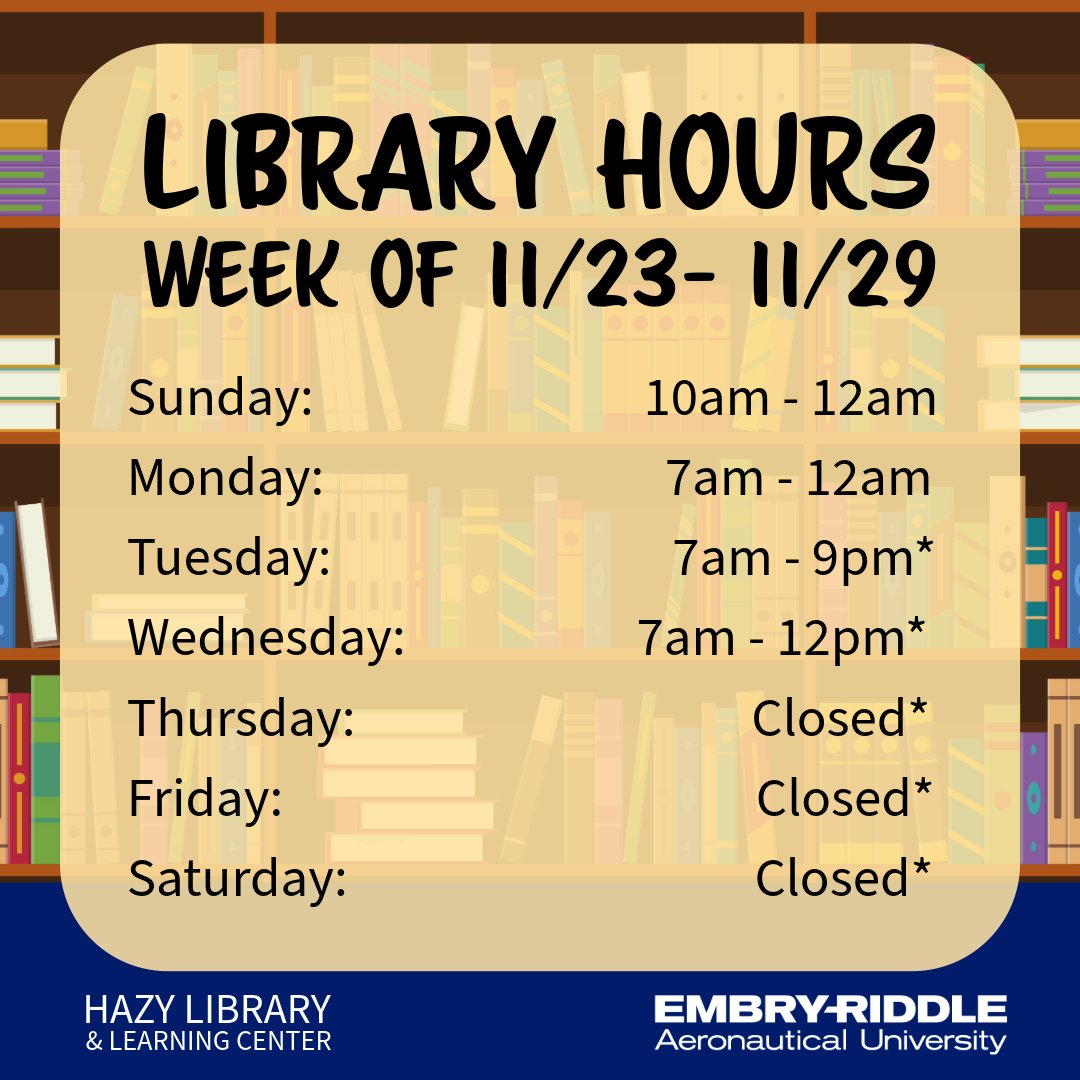 hazylibrary's tweet image. 📅Here are your Hazy Library Hours from November  23 - November 29. Hope to see you here! #HazyLibrary  

*Thanksgiving Holiday Hours