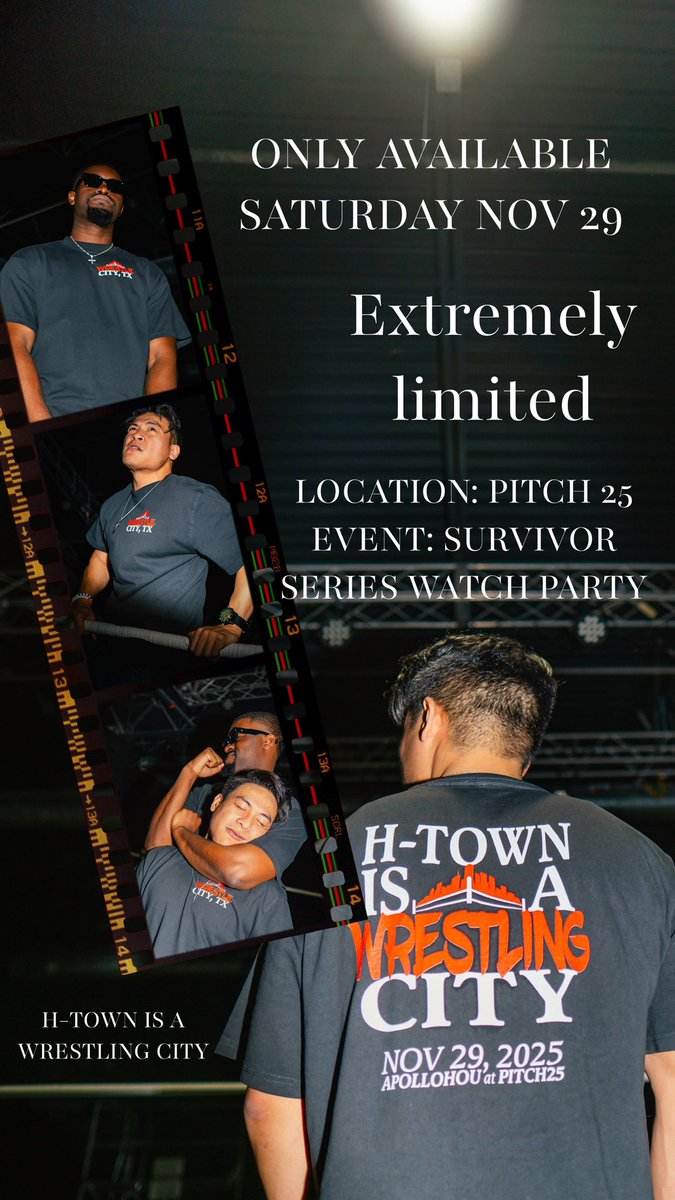 ApolloHOU's tweet image. WWE WATCH PARTY NEXT SATURDAY🔥

Join us NEXT SATURDAY at @Pitch25HTX for our WWE Survivor Series Watch Party and buy our first ever EXTREMELY LIMITED merch!

Only available at our Watch Party.
Once the shirts are gone, they’re gone.

REP YOUR WRESTLING CITY 🤘