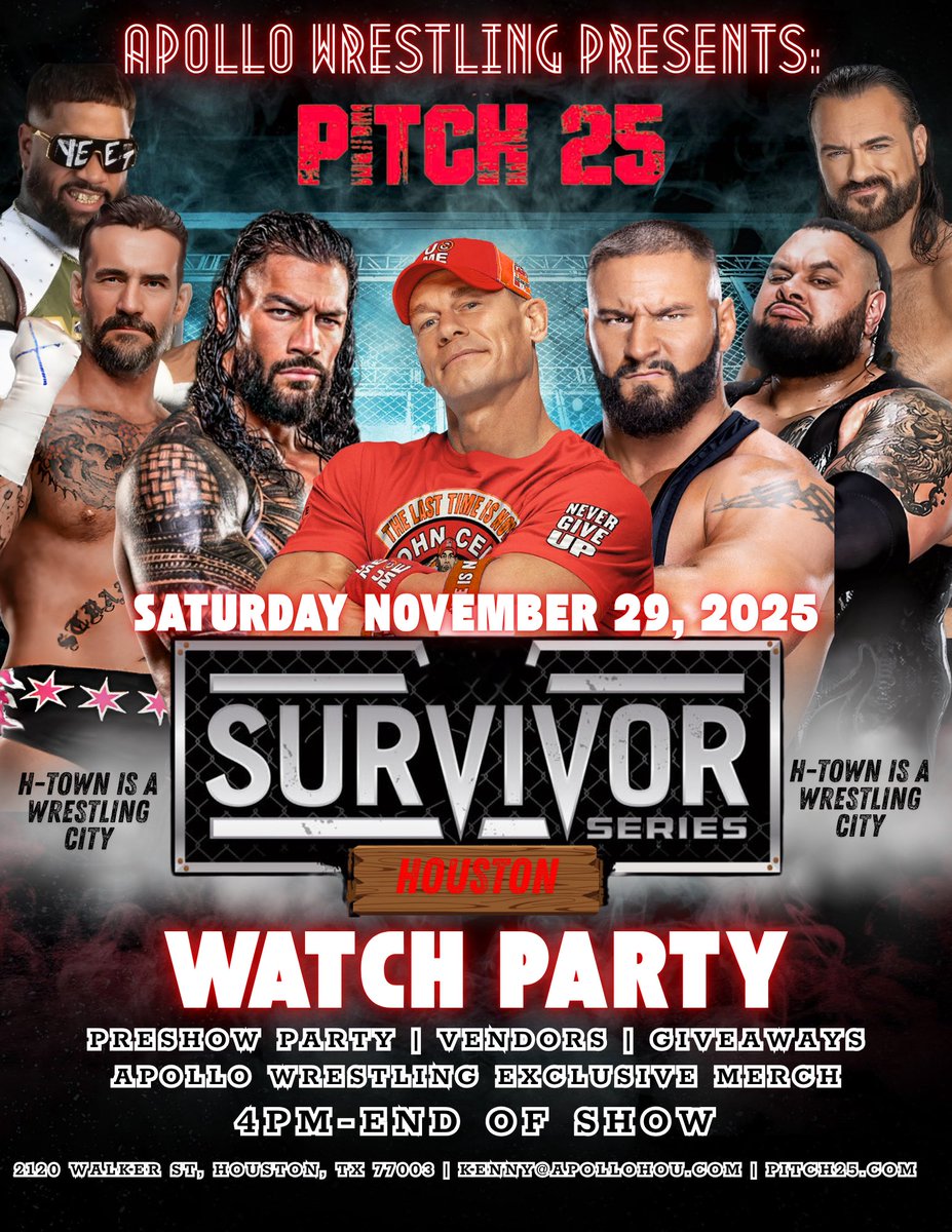 ApolloHOU's tweet image. WWE WATCH PARTY NEXT SATURDAY🔥

Join us NEXT SATURDAY at @Pitch25HTX for our WWE Survivor Series Watch Party and buy our first ever EXTREMELY LIMITED merch!

Only available at our Watch Party.
Once the shirts are gone, they’re gone.

REP YOUR WRESTLING CITY 🤘