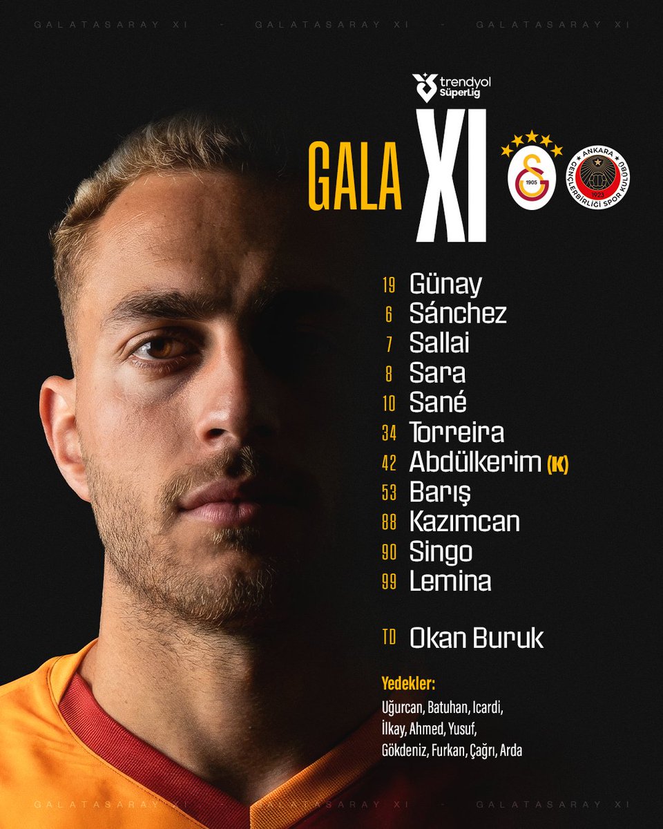 GalatasaraySK's tweet image. 📢 Gençlerbirliği karşısında ilk 11’imiz ve yedeklerimiz! 👇 #GSvGB