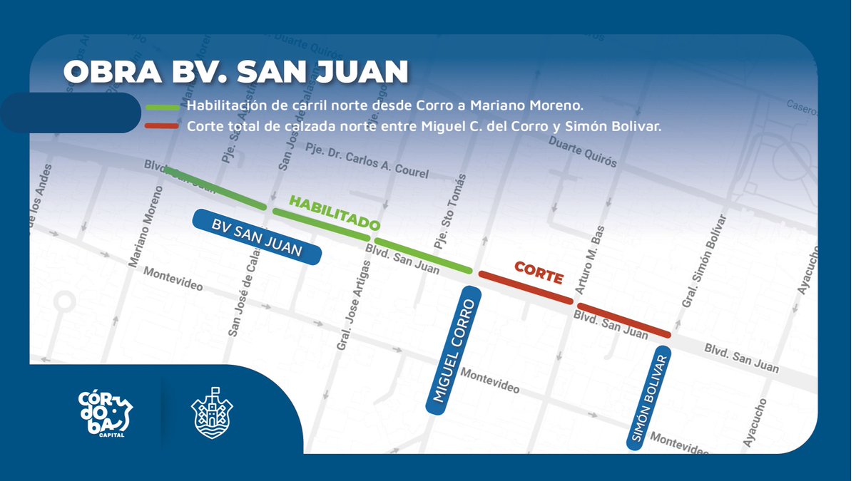 Corredor San Juan: la obra avanzará hacia un nuevo tramo. 👷🏽 

🚧 A partir del lunes a las 14:00 horas, se habilitará al tránsito la calzada norte del Bv. San Juan entre Mariano Moreno y Corro.