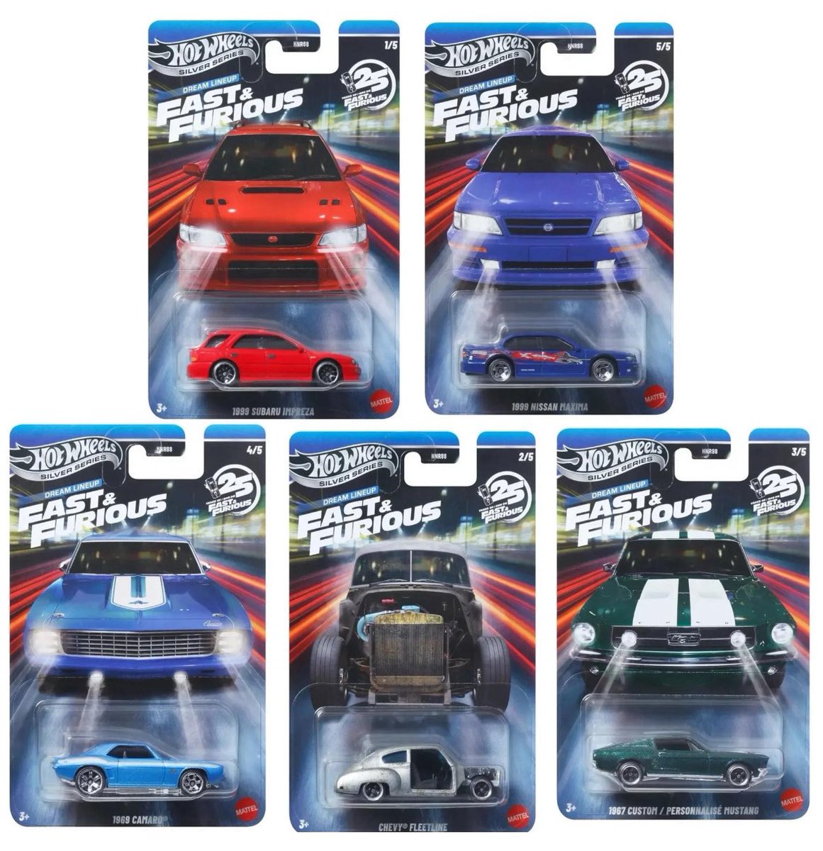 DiecastHype's tweet image. New 2026 Silver Series mix of Hot Wheels Fast &amp;amp; Furious mix is on the way and this one’s gonna heat up the pegs! 

Which ones are you grabbing first?

🏎️ 1999 Subaru Impreza
🏎️ 1999 Nissan Maxima
🏎️ 1969 Camaro
🏎️ Chevy Fleetline
🏎️ 1967 Custom Mustang

#HotWheels #FastAndFurious