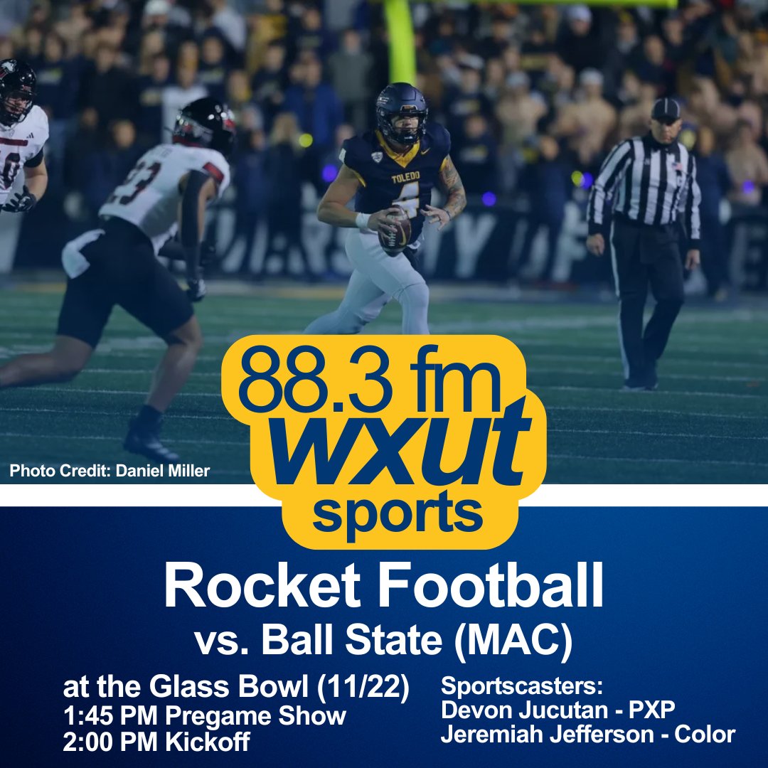 Pivotal late-season matchup! 🚀
<a href="/ToledoFB/">Toledo Football</a> returns to the Glass Bowl for their final home game vs. <a href="/BallStateFB/">Ball State Football</a>.

🎙️ Devon Jucutan &amp; Jeremiah Jefferson 
📍 Glass Bowl, Toledo, OH
📻 88.3 FM or stream via link in bio!
🕡 Pregame 1:45 | 🏈 Kickoff 2:00

#MACtion #ToledoFootball