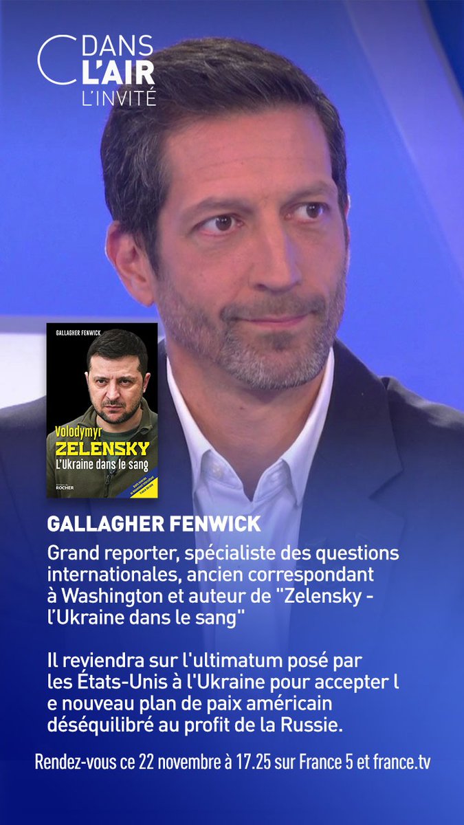 <a href="/gallaghereport/">Gallagher Fenwick</a>, journaliste spécialiste des relations internationales, sera l'invité d'<a href="/AureCasse/">Aurélie Casse</a>, dans #cdanslair. 

Rendez-vous à 17.25 sur France 5 !
#Ukraine #Zelensky #Poutine #Trump