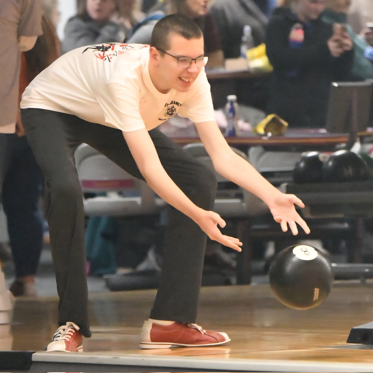 West Branch High School senior Connor Davidson competes this morning in the Special Olympics state bowling tournament. He qualified by taking 1st at regionals.