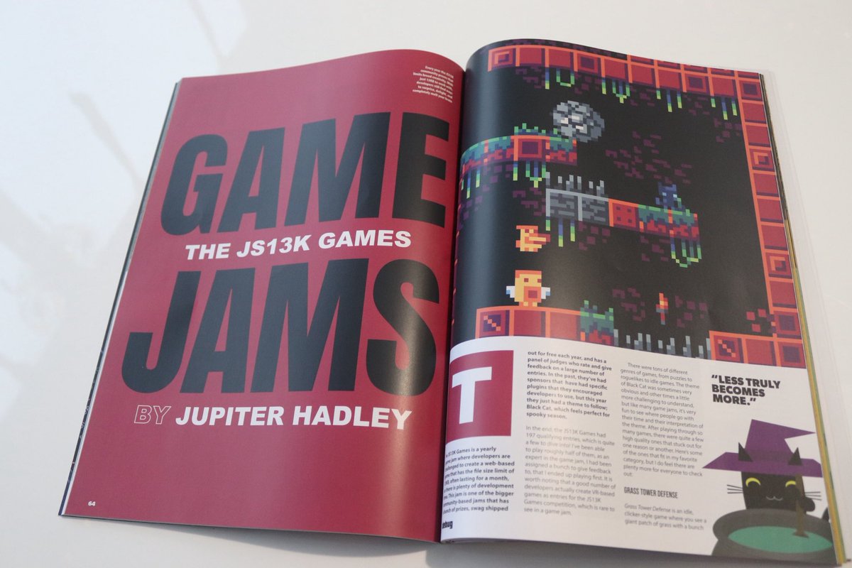 Jupiter_Hadley's tweet image. I’ve got a rather large spread in the latest issue of @debugmagazine- issue 12 - all about the #JS13KGame jam!