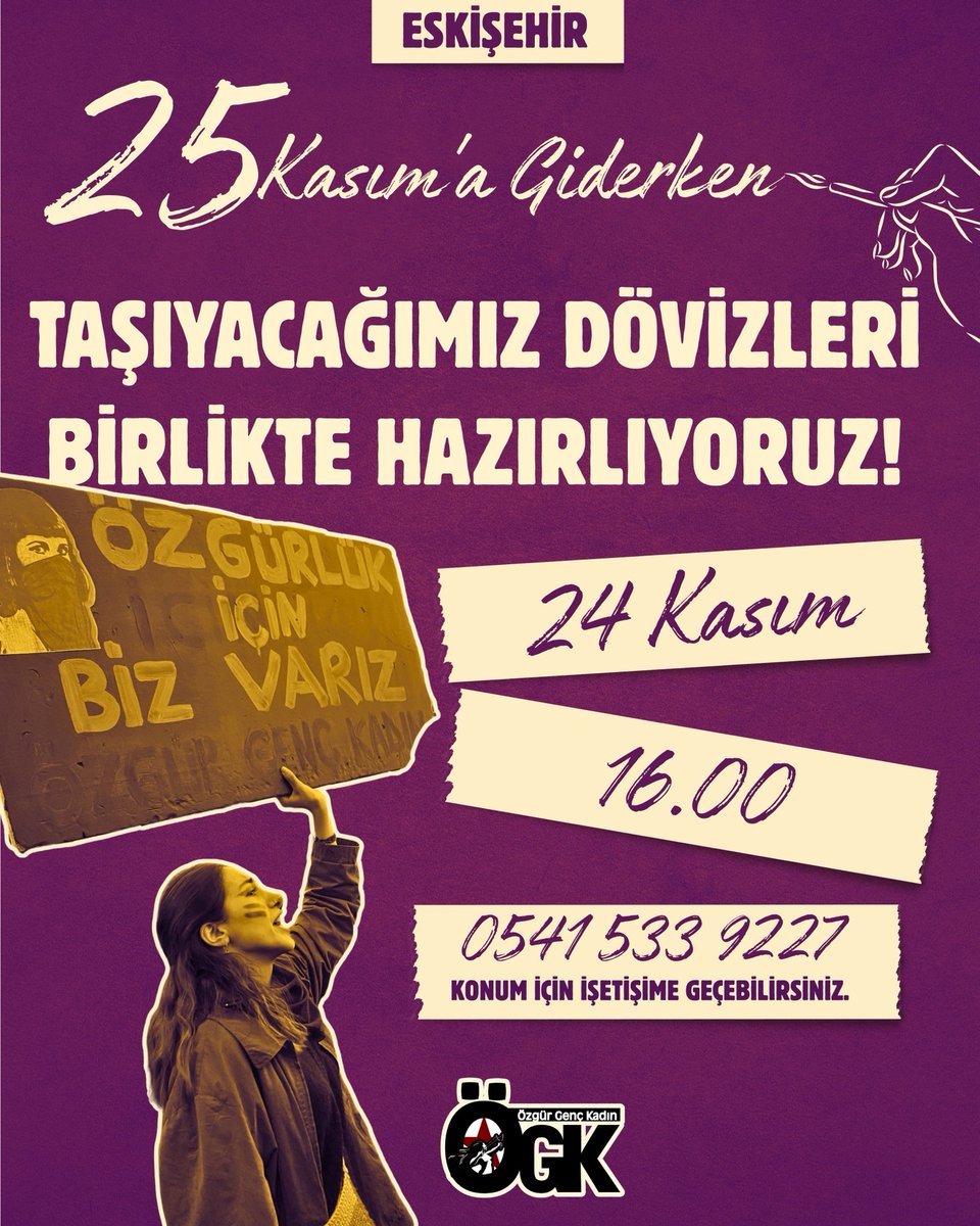 ozgurgenckadin2's tweet photo. 📢Eskişehir'de döviz atölyesinde buluşuyoruz!

25 Kasım'da taşıyacağımız dövizleri birlikte hazırlamak için bize ulaş, sözümüzü, isyanımızı dövizlerimizde taşıyalım.

Birbirimiz için varız, buradayız, bir aradayız. #25KasımdaSokağa https://t.co/RNHvyBviEQ