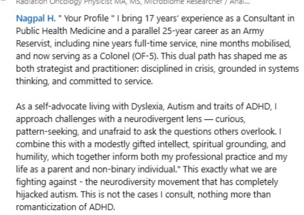 Physicians On LinkedIn who claim to be autistic and huge proponents against the connections between autism and vaccines. Neurodiversity is not autism, it never was, this is another tactic to cover it all up and normalize.