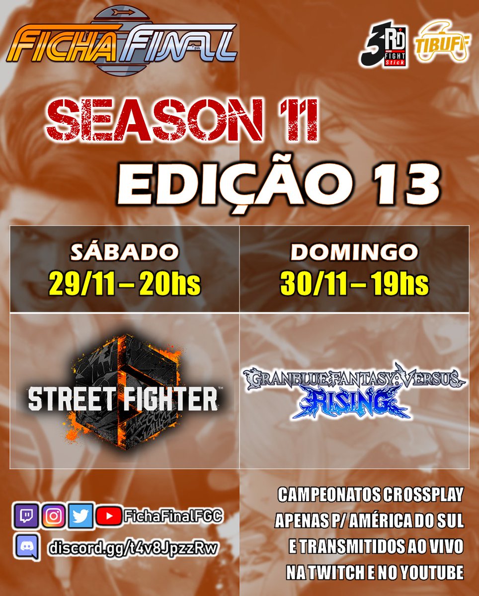 Preparem-se, World Warriors e Skyfarers, porque este fds teremos Street e Granblas pra fechar o penúltimo mês do ano com chave de ouro!

Sáb (29/11 - 20hs) | SF6: start.gg/tournament/fic…

Dom (30/11 - 19hs) | GBVSR: start.gg/tournament/fic…

Discord (OBRIGATÓRIO):