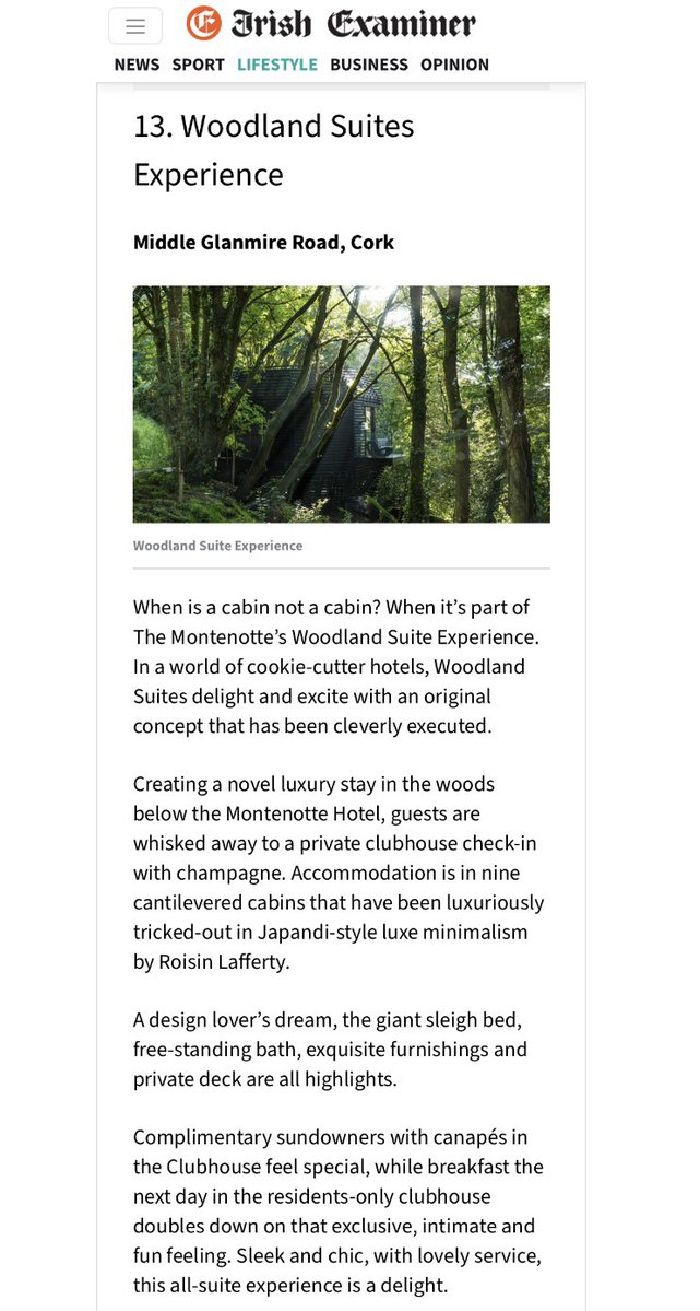 Such lovely news… 
The Woodland Suite Experience is listed at No 13  of the “100 best places to stay 2025: The Hotel Examiner's guide to Ireland's best stays” with thanks to <a href="/JillianBolger/">Food & Travel Girl • jillianbolger.com</a> &amp; <a href="/ThomBreathnach/">Thomas Breathnach</a> 

Thank you <a href="/irishexaminer/">Irish Examiner</a> 
<a href="/SLHLuxuryHotels/">Small Luxury Hotels of the World</a> 

irishexaminer.com/lifestyle/trav…