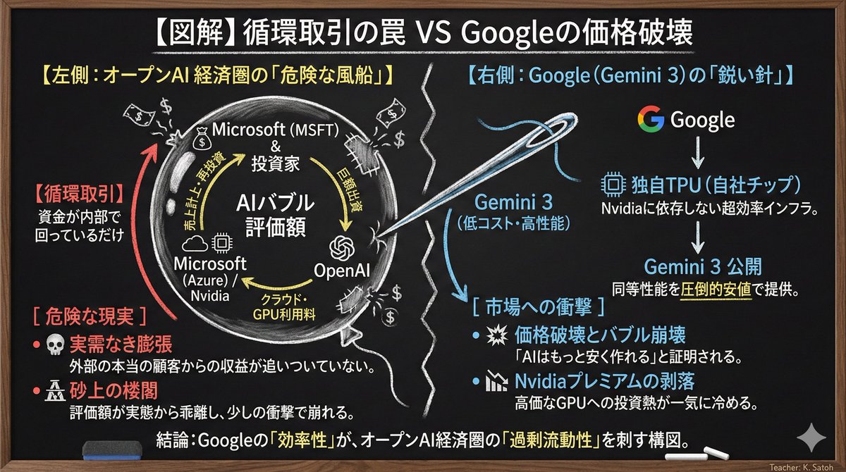 エヌビディア&オープンAIの循環取引の危険性とGoogleの台頭をわかりやすく1枚の図にGemini3先生がしてくれた このままGoogleリード続くと オープンAIの上場時の企業価値が低下して行きそうかなと思ってます