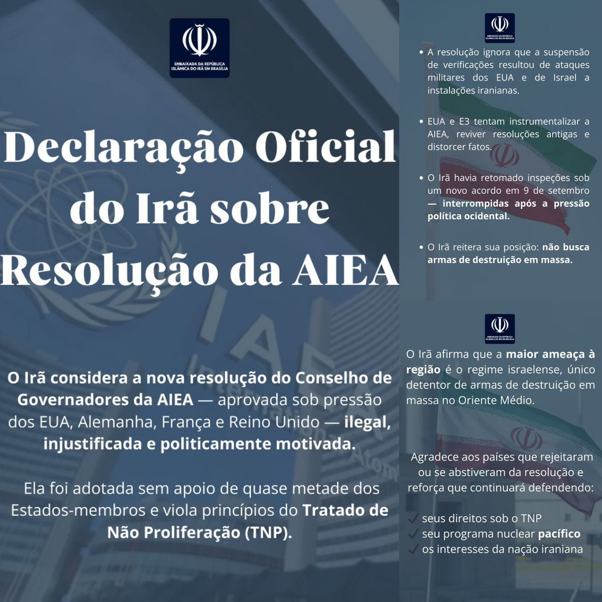 Declaração do MRE do #Irã sobre a Resolução do Conselho de Governadores da AIEA contra o Programa Nuclear #Pacífico do🇮🇷
O MRE do Irã considera a resolução adotada pelo Conselho de Governadores da <a href="/iaeaorg/">IAEA - International Atomic Energy Agency ⚛️</a>,aprovada sob pressão EUA,Alemanha,França&amp;Inglaterra,ilegal&amp; injustificada