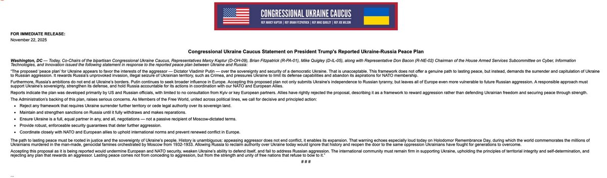 UkraineCaucus's tweet image. Today, @UkraineCaucus Co-Chairs @RepMarcyKaptur, @RepBrianFitz, @RepMikeQuigley, &amp;amp; @RepDonBacon Chair of @HASCRepublicans Cyber, Information Technologies, and Innovation Subcommittee issued the following statement in response to the reported peace plan between Ukraine and Russia:
