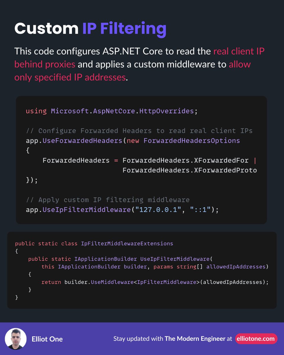 elliot1one's tweet image. Stop unauthorized access before it happens with IP filtering! 🛡️

Allow/block IPs to protect apps, admin panels, APIs, and mitigate DDoS. Combine with auth for best results.

In .NET: whitelist IPs + custom middleware + Forwarded Headers behind proxies.

#dotnet #cybersecurity