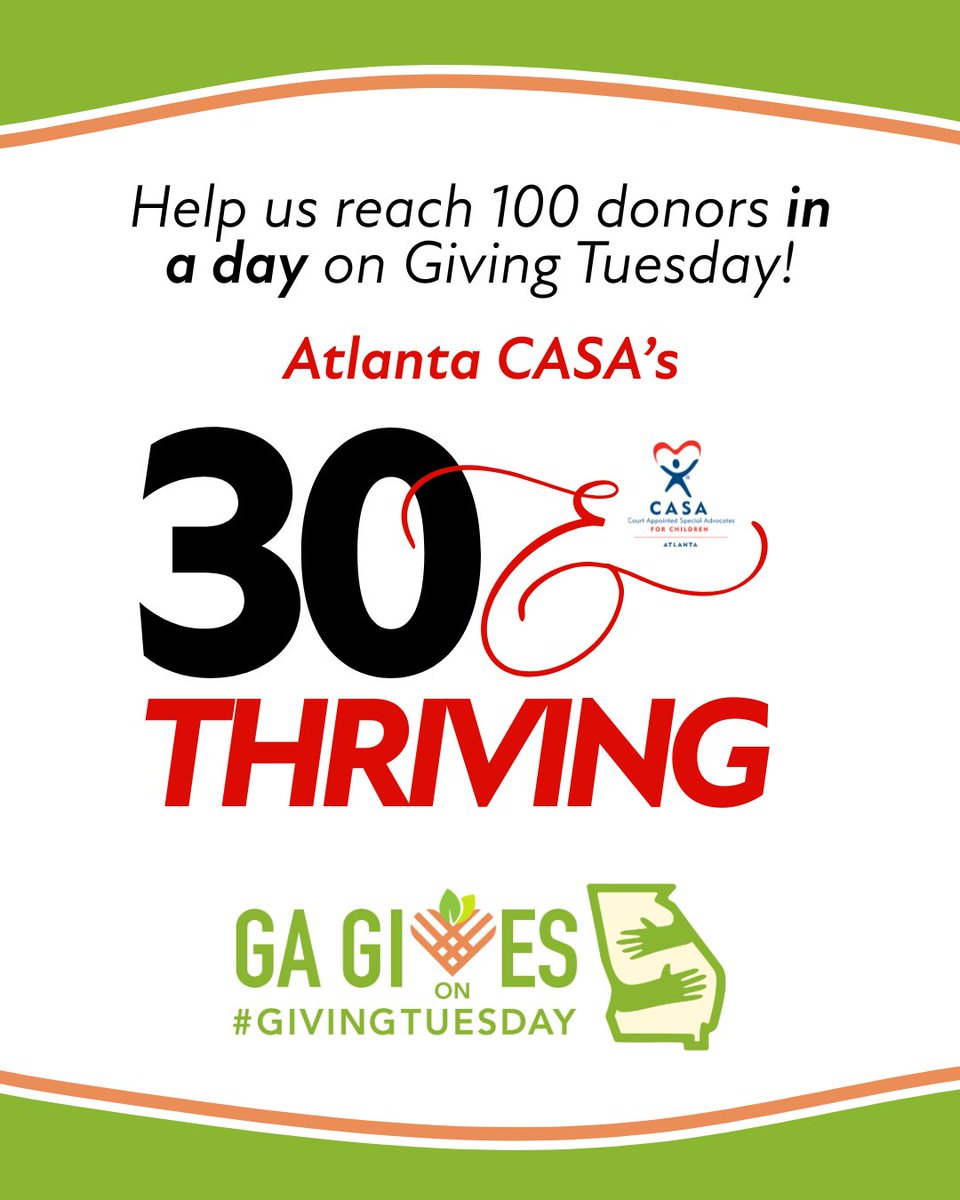 We are 3️⃣0️⃣ &amp; THRIVING - and we invite you to join us on Giving Tuesday! No amount is too small - help us reach 100 donors and support Fulton County foster youth! Visit gagives.org/story/30andthr… to make your gift. ❤️