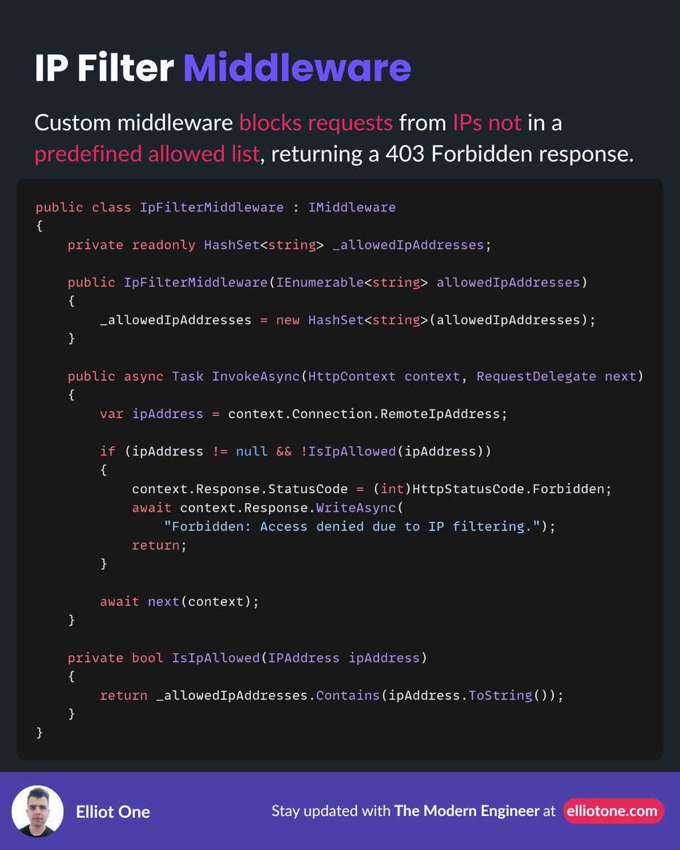 elliot1one's tweet image. Stop unauthorized access before it happens with IP filtering! 🛡️

Allow/block IPs to protect apps, admin panels, APIs, and mitigate DDoS. Combine with auth for best results.

In .NET: whitelist IPs + custom middleware + Forwarded Headers behind proxies.

#dotnet #cybersecurity