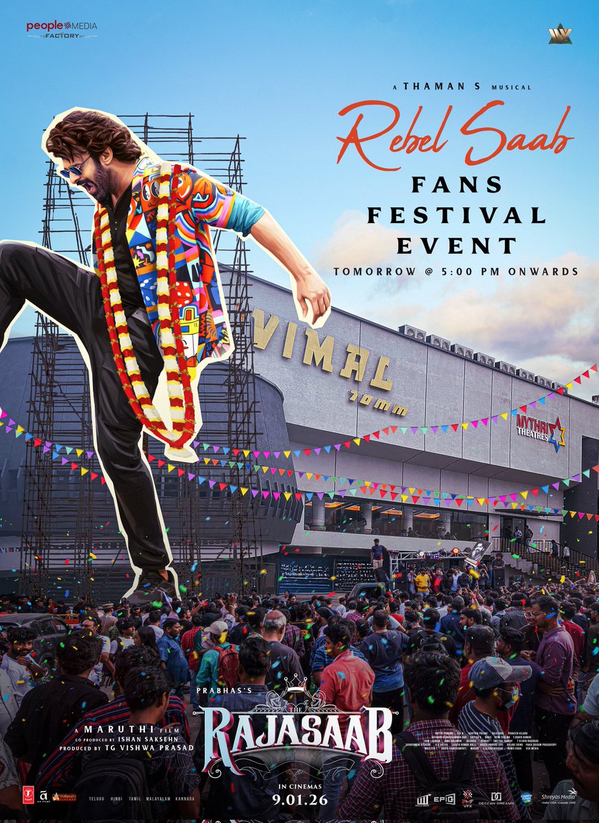 SKNonline's tweet image. The celebration begins 🔥

#RebelSaab Fans Festival Event tomorrow at Vimal Theatre from 5PM onwards. 

Let’s turn the evening into a full on carnival 💥💥

A @MusicThaman musical vibe 🎧

#TheRajaSaabOnJan9th 
#TheRajaSaab #Prabhas @DirectorMaruthi #RiddhiKumar @vishwaprasadtg…