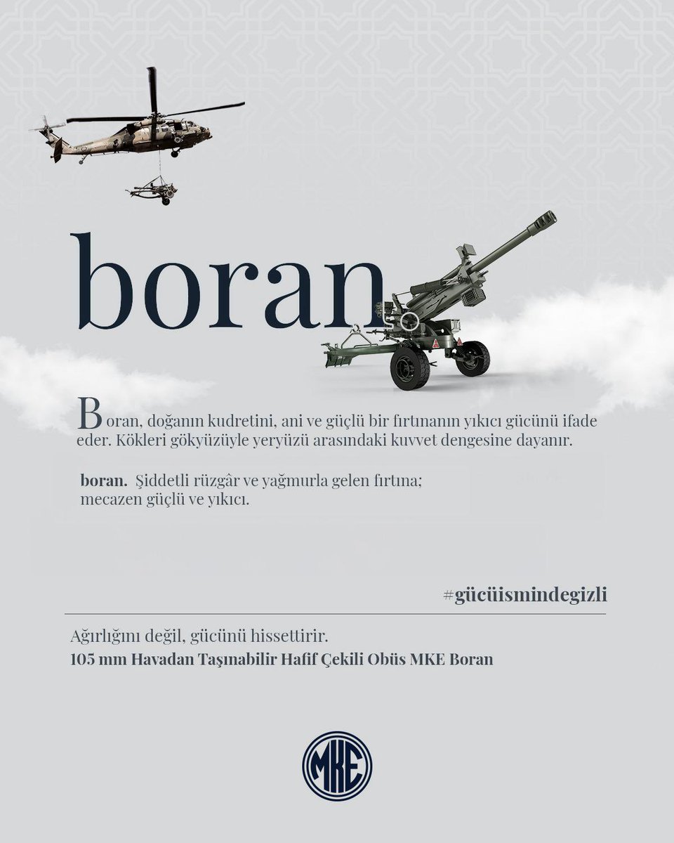 MKEgovtr's tweet photo. 🌪️⚡ MKE  BORAN: #gücüismindegizli 
Doğanın yıkıcı gücünden ilham alan MKE Boran, hafif yapısı ve yüksek manevra kabiliyetiyle her koşulda üstün ateş desteği sunar.

#MillîGüçMKE 🦾🚀🇹🇷
@tcsavunma 

*

🌪️⚡ MKE BORAN
Inspired by nature's destructive power, MKE Boran provides superior fire support in all conditions with its lightweight construction and high maneuverability.

#TheRisingPowerMKE 🦾🚀🌍