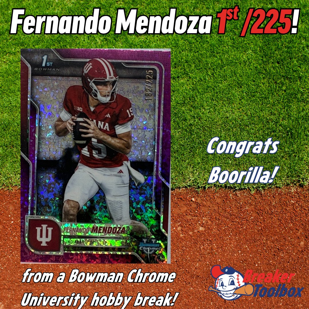 BreakerToolbox's tweet image. Fernando Mendoza 1st /225 from a Bowman Chrome University break! Congrats Boorilla!

#footballcards #cardbreaks #topps #bowman #thehobby