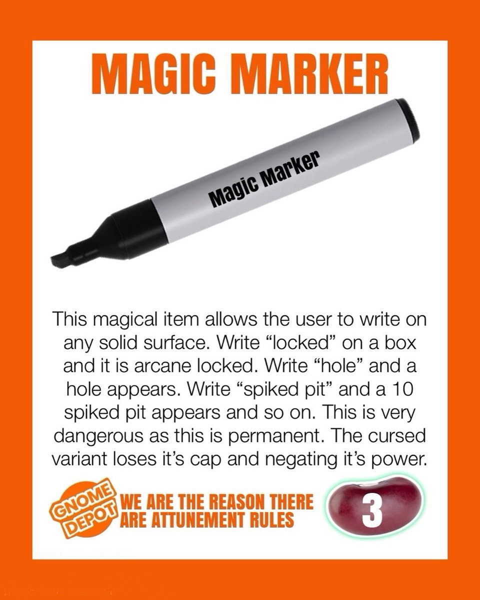 TheGnomeDepot's tweet image. This illustrates a problem I’ve been having with making magic items. I’ve done this for 5 year straight and it’s getting harder and harder to come up with something unique. Warning to you kids, the first step is admitting you are the problem. #gnomedepot