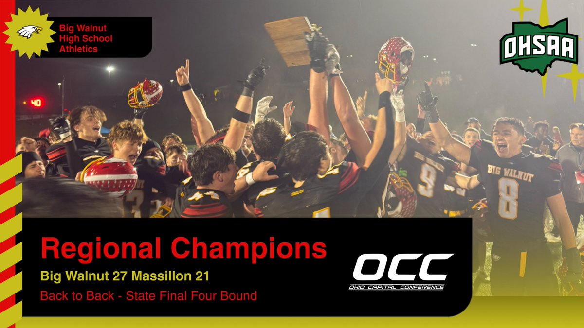 BigWalnutEagles's tweet image. REGIONAL CHAMPS AGAIN‼️
Big Walnut takes down Massillon for the 2nd straight year to win the Regional Championship — and they did it in EPIC fashion.

Next up: STATE FINAL FOUR vs Anderson
📅 Fri, 11/28/25
📍 Site TBD

#EagleStrong #FinalFour #OHSAA #RegionalChamps