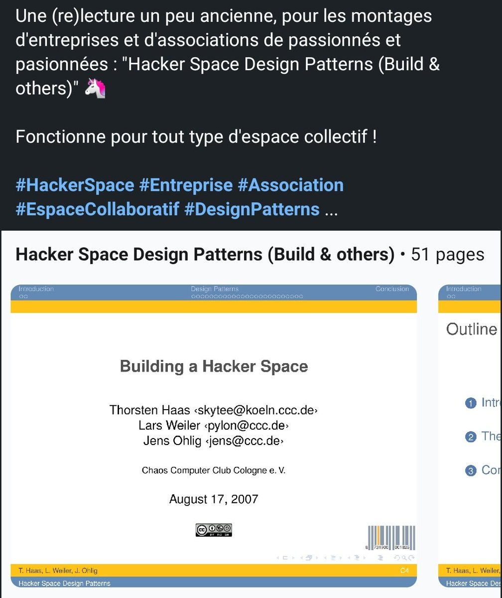 gaby_wald's tweet image. Une (re)lecture un peu ancienne, pour les montages d&apos;entreprises et d&apos;associations de passionnés et passionnées : &quot;Hacker Space Design Patterns (Build &amp;amp; others)&quot; 🦄

#HackerSpace #Entreprise #Association #EspaceCollaboratif #DesignPatterns ... linkedin.com/posts/gabriel-…