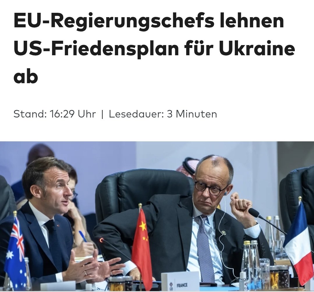 Ich werde das Gefühl nicht los, dass die EU keinen Frieden zwischen der Ukraine und Russland will. Ich meine doch, dass der Plan von Trump durchaus akzeptabel ist. 🤷‍♂️
