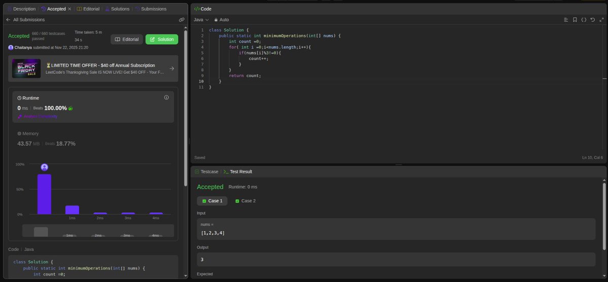 Gitkbc's tweet image. Solved (Daily Problem ) LeetCode 3190. A straightforward O(n) solution using basic modular math.

@LeetCode

#leetcode #dailychallenge #On #math #coding #programming #interviewprep