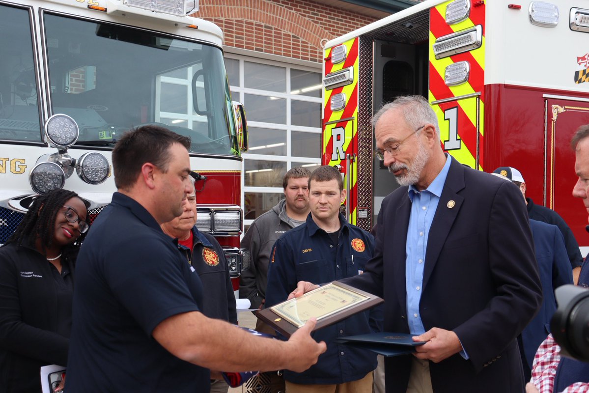 RepAndyHarrisMD's tweet image. Yesterday, I visited the Rescue Fire Company in Cambridge to present a U.S. Capitol-flown American flag and announce federal funding for a new replacement engine serving Cambridge and the surrounding Eastern Shore community. These men and women answer the call at every hour,…