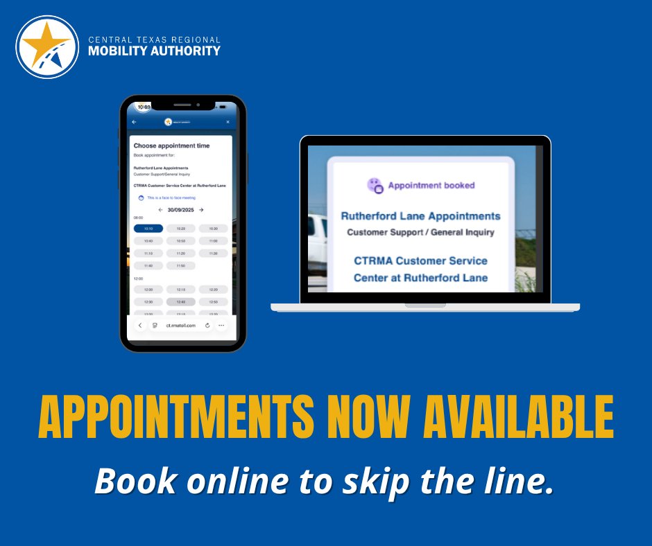 Our new Customer Service Center is officially open on Rutherford Lane. Skip the line and book online. Learn more: ct.rmatoll.com/#/