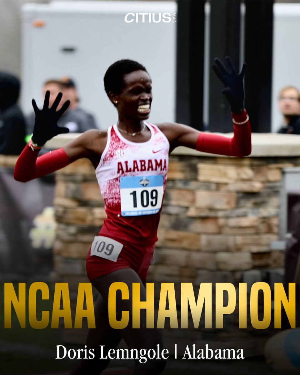 CitiusMag's tweet photo. BACK TO BACK (with a detour in Tokyo!) 🥇🥇

Doris Lemngole of @AlabamaTrack defends her #NCAAXC title with a huge move in the final kilometer to drop BYU’s Jane Hedengren and take the crown in Ganz Creek in a course-record 18:25.4 6km.

Lemngole’s 2025 has now included three NCAA titles, a collegiate record in the steeplechase, a Diamond League victory, and a 5th-place finish at the World Championships. What a year!